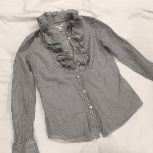 Sz 2 J.Crew ruffle blouse in grey pinstripe
